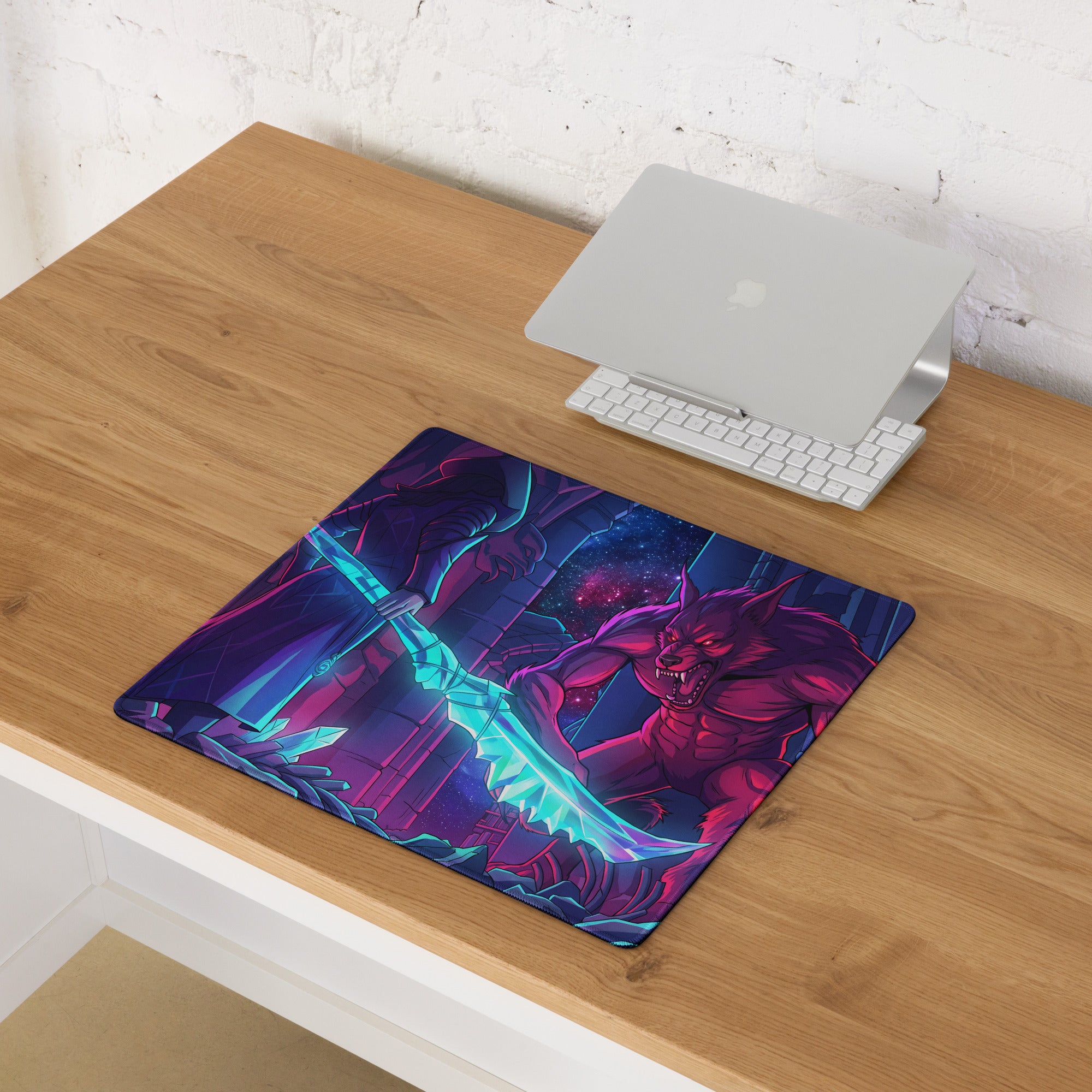 Vaporwave neon wolf gaming mouse pad in neon pink and cyan featuring a muscular demon with glowing blades on cosmic ruins
