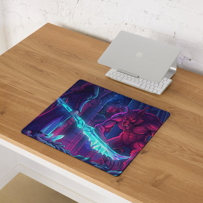 Vaporwave neon wolf gaming mouse pad in neon pink and cyan featuring a muscular demon with glowing blades on cosmic ruins