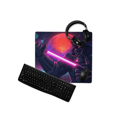 Navy blue gaming mousepad with futuristic sci-fi design featuring glowing pink lightsaber and red planet backdrop