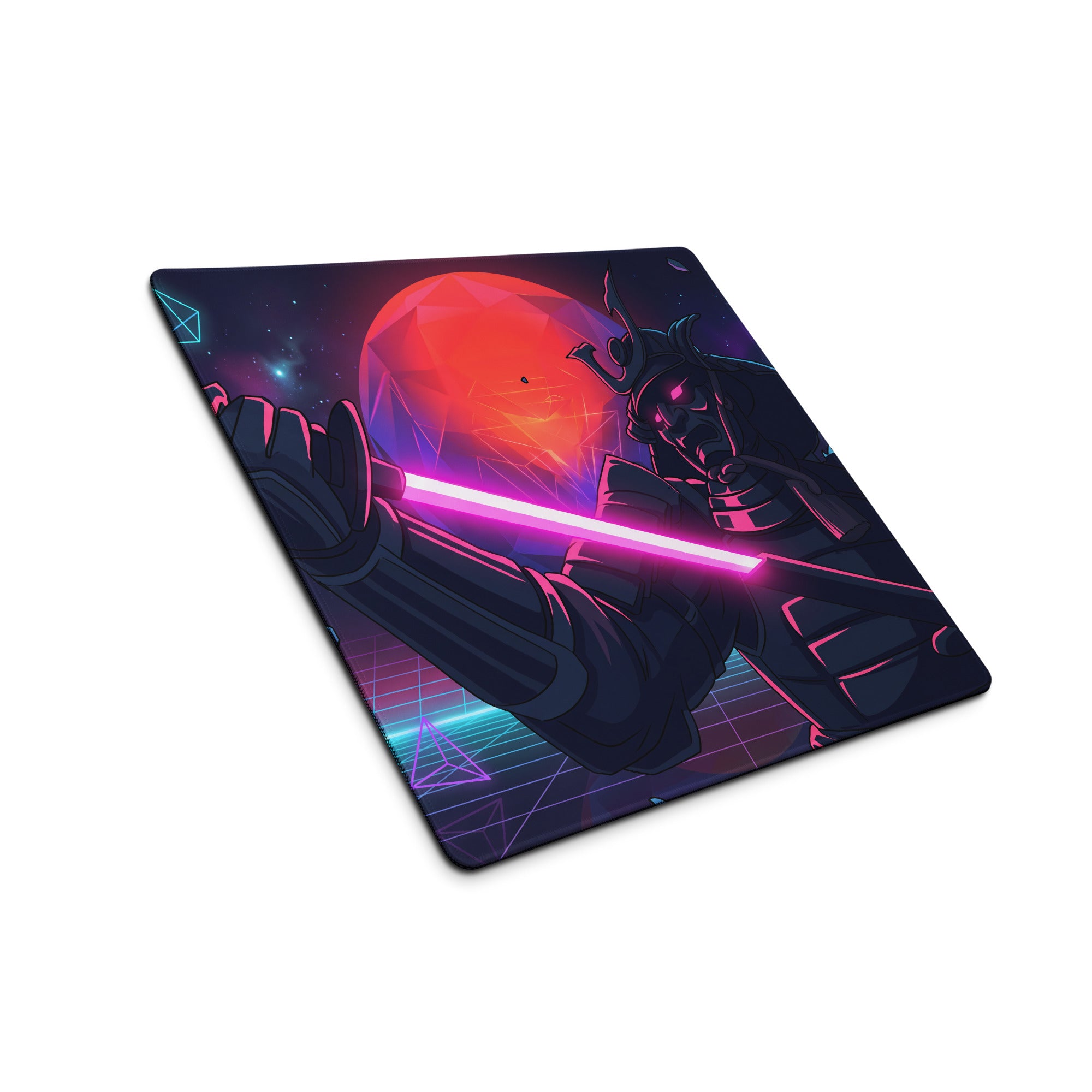 Neon vaporwave galaxy gaming mouse pad with nebula samurai wielding pink lightsaber on vibrant red and purple cosmic background