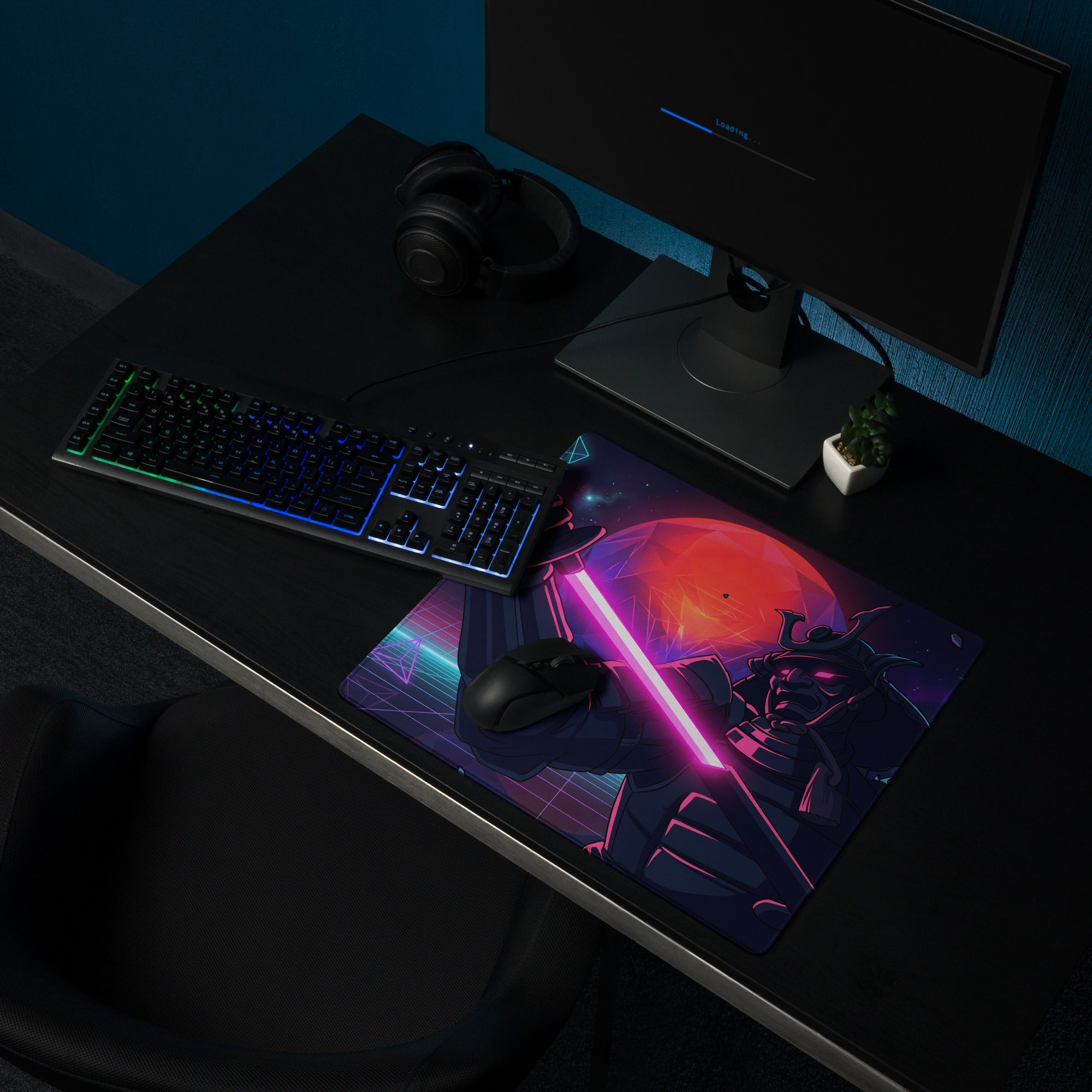 Neon vaporwave galaxy gaming mouse pad with ninja-themed vibrant neon pink lightsaber design on dark purple background