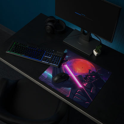 Neon vaporwave galaxy gaming mouse pad with ninja-themed vibrant neon pink lightsaber design on dark purple background
