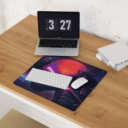 Navy blue neon vaporwave galaxy mouse pad with vibrant pink purple sci-fi design featuring a dark figure and red planet