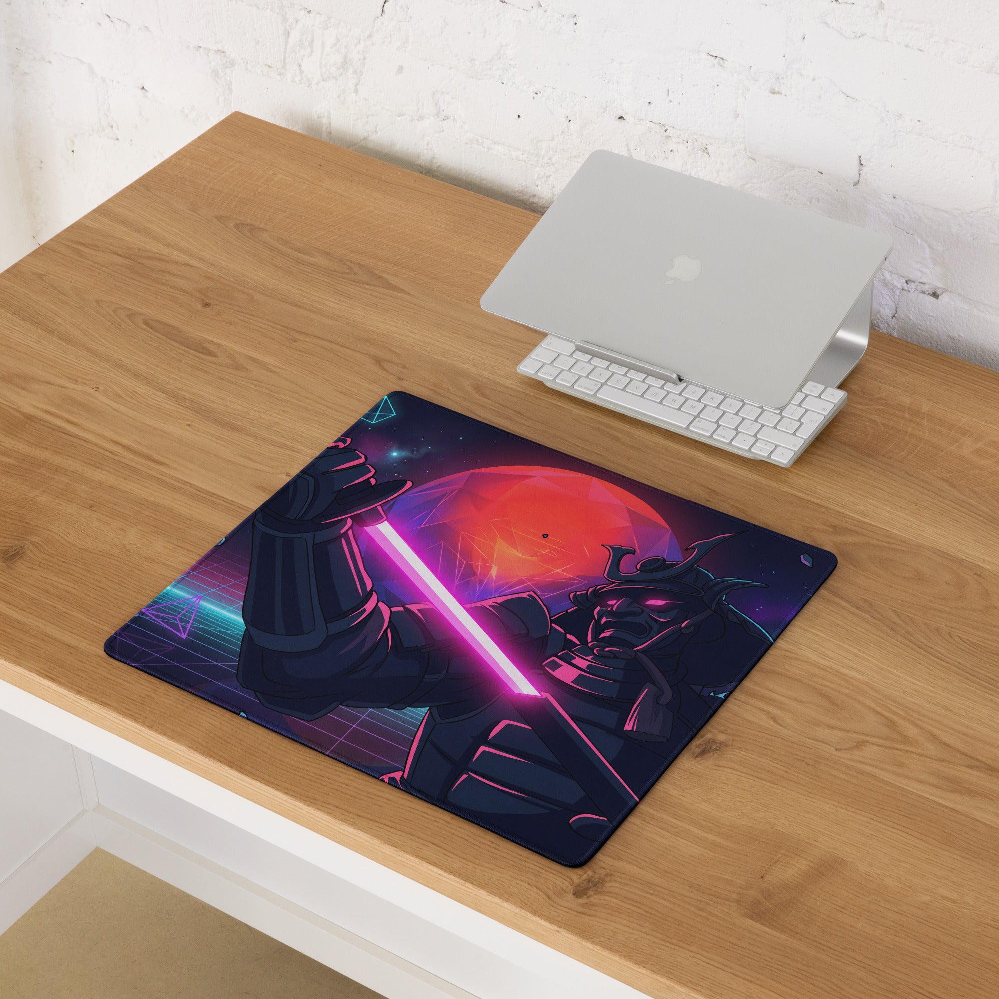 Neon vaporwave galaxy mouse pad with dark-armored figure and pink lightsaber on smooth durable gaming surface