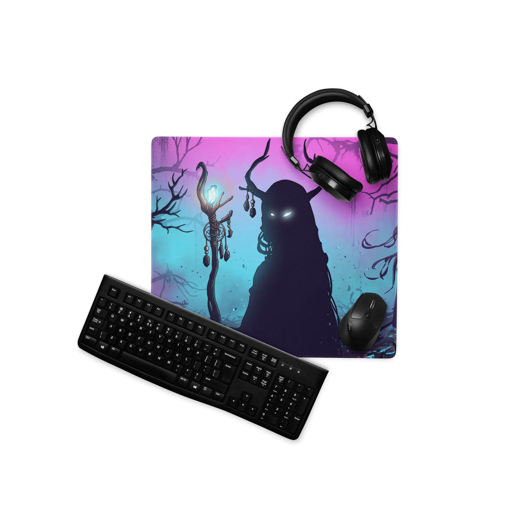 Purple and blue gradient neon vaporwave forest gaming mouse pad with dark horned figure holding glowing staff design