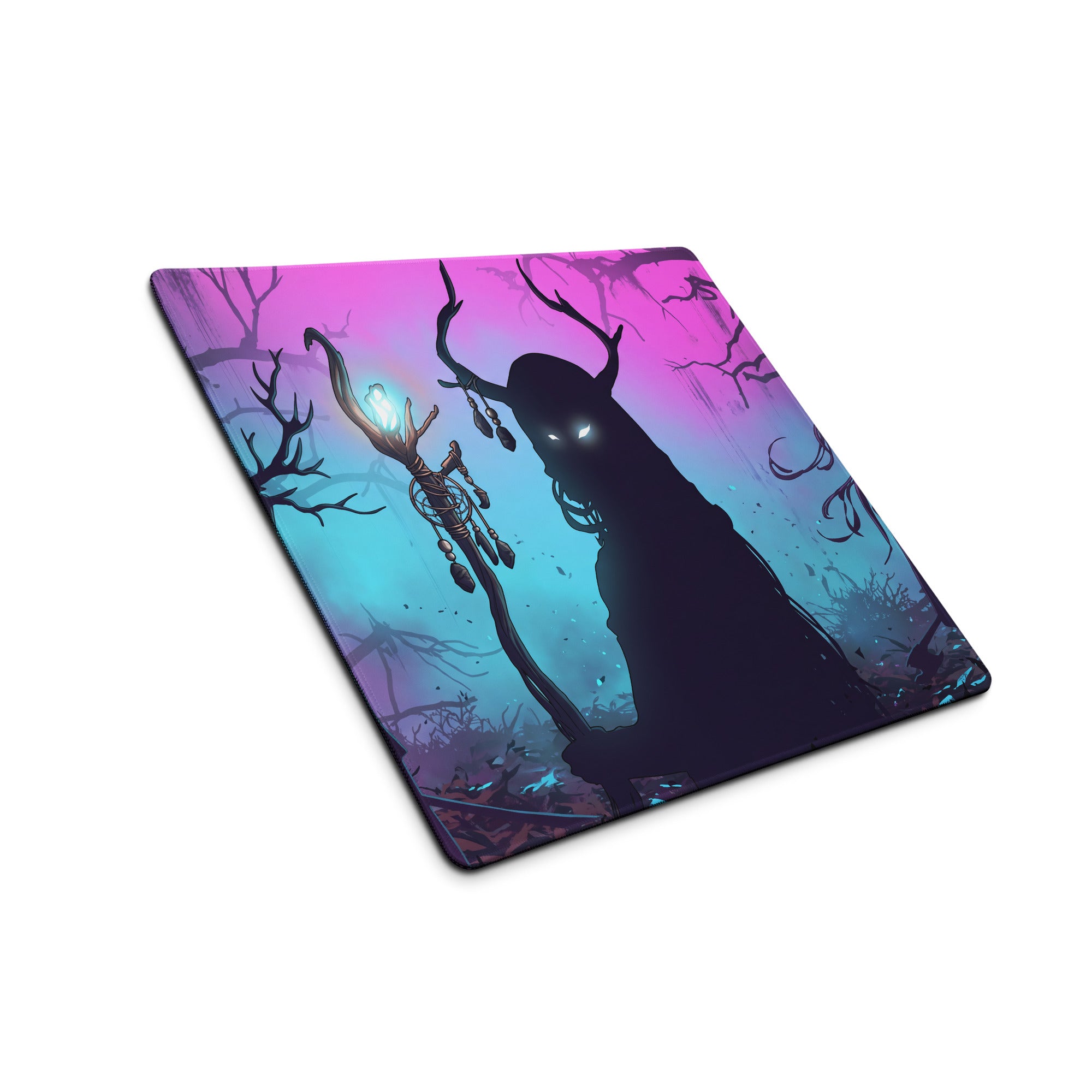 Neon vaporwave forest rectangular gaming mouse pad with a dark horned figure holding a glowing staff on a pink teal gradient