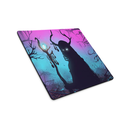 Neon vaporwave forest rectangular gaming mouse pad with a dark horned figure holding a glowing staff on a pink teal gradient
