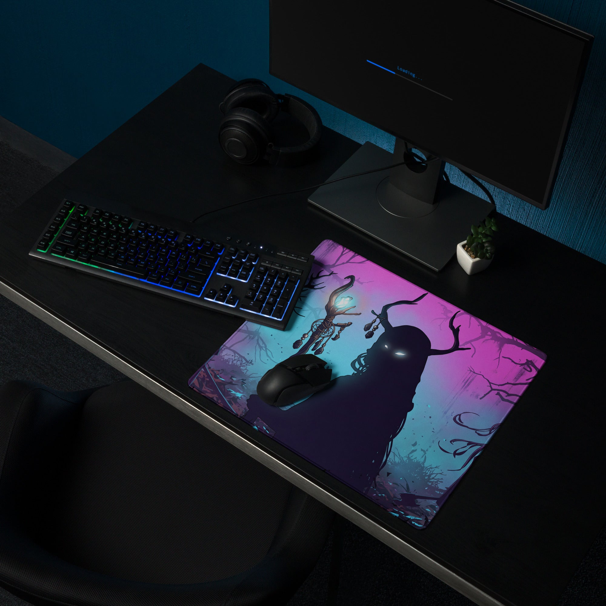 Neon vaporwave forest mouse pad with vibrant rectangular design featuring dark antlered silhouette on purple pink teal gradient
