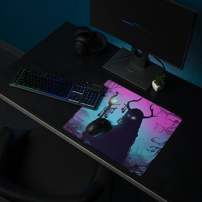 Neon vaporwave forest mouse pad with vibrant rectangular design featuring dark antlered silhouette on purple pink teal gradient