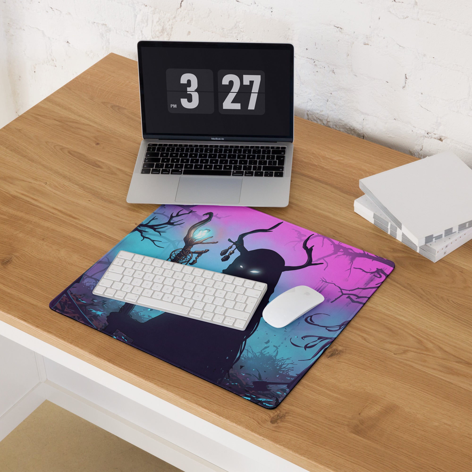 Neon vaporwave forest gaming mouse pad with vibrant purple teal gradient and dark stylized antlered creature design