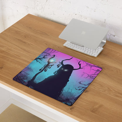 A rectangular neon vaporwave forest mouse pad with purple and teal gradient and antlered silhouette design