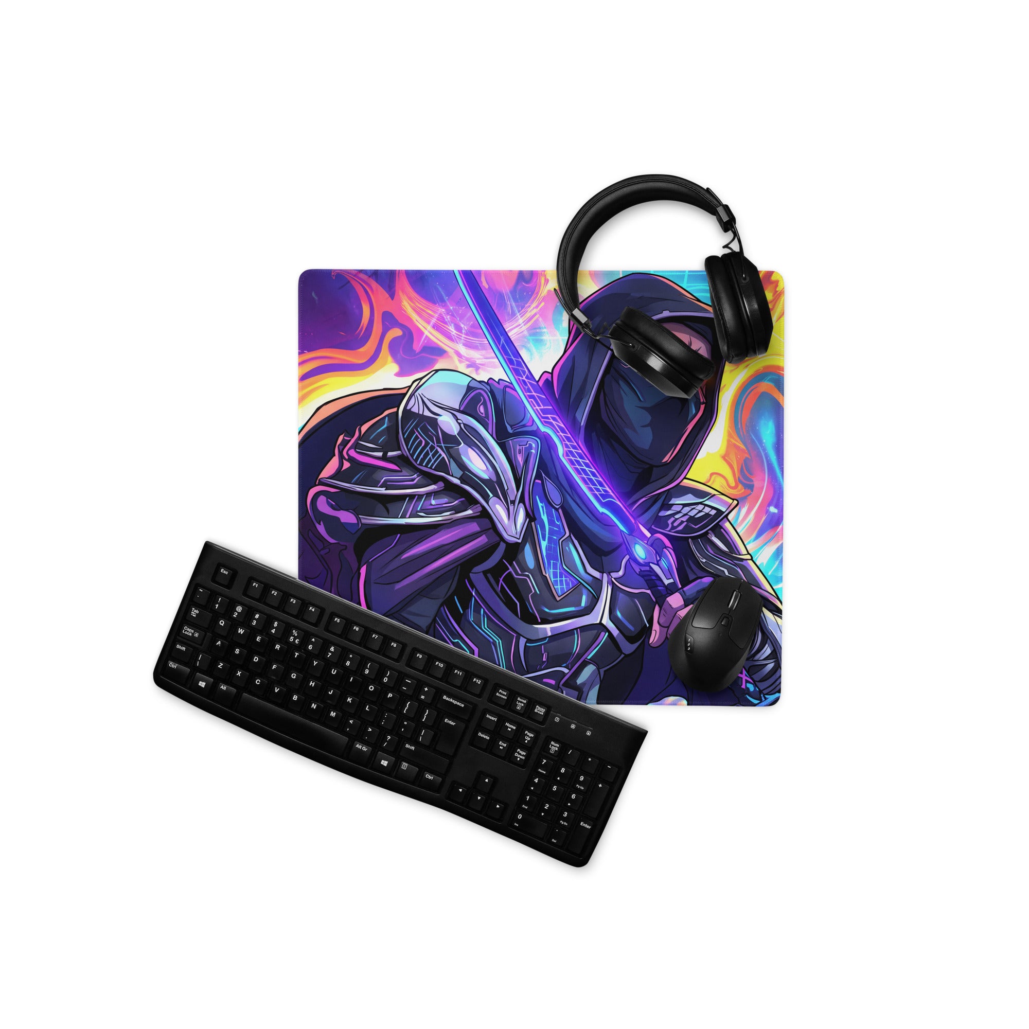 Neon ninja vaporwave mouse pad featuring vibrant purple and blue armored ninja with glowing sword on colorful surface