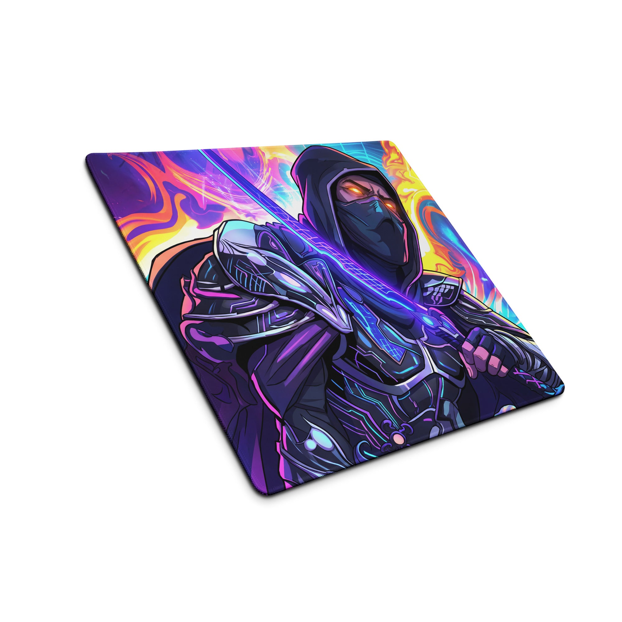 Neon ninja vaporwave mouse pad with vibrant purple blue design featuring hooded ninja holding futuristic sword against fiery background