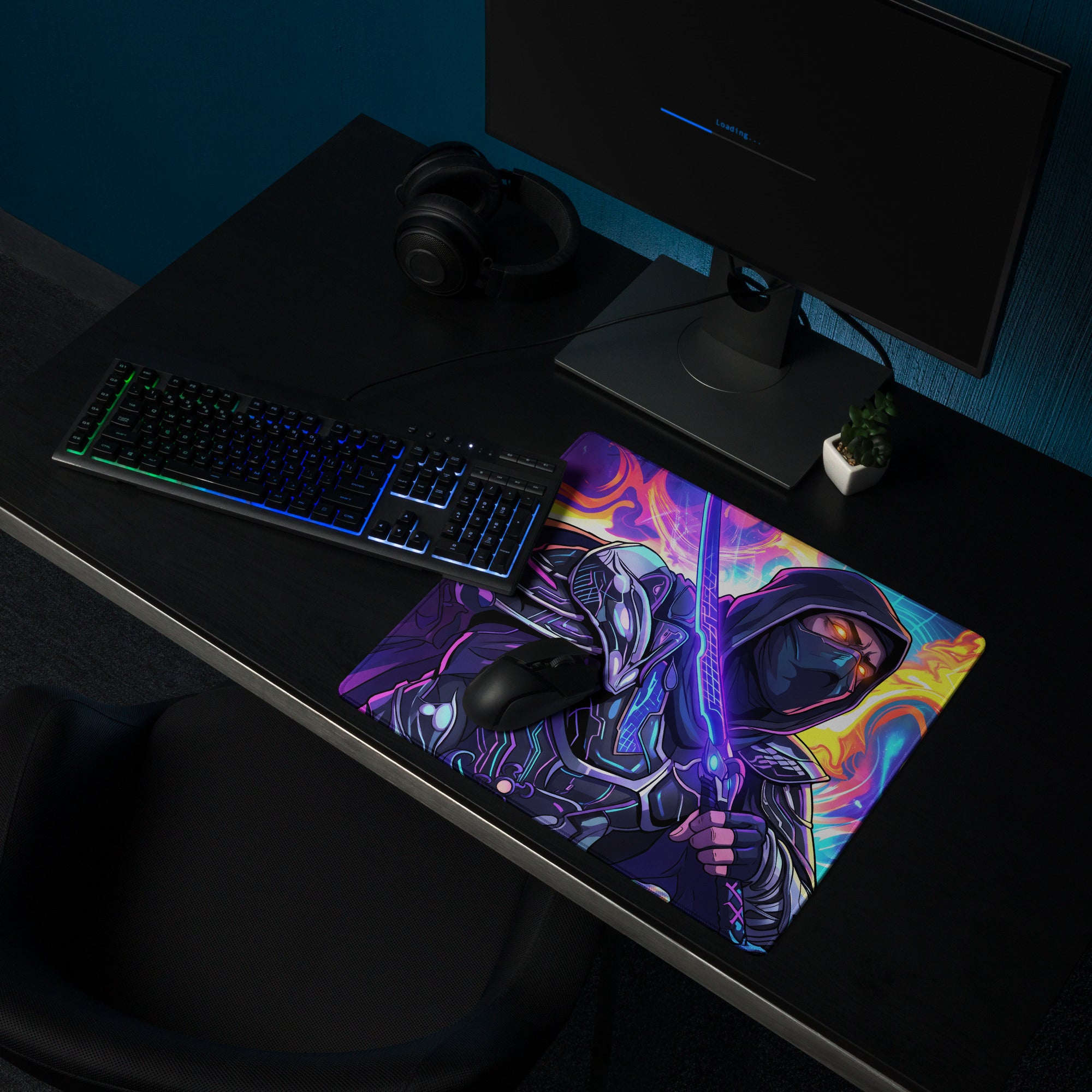 Neon ninja vaporwave mouse pad with vibrant purple pink blue colors featuring a hooded warrior and glowing sword design