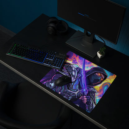 Neon ninja vaporwave mouse pad with vibrant purple pink blue colors featuring a hooded warrior and glowing sword design