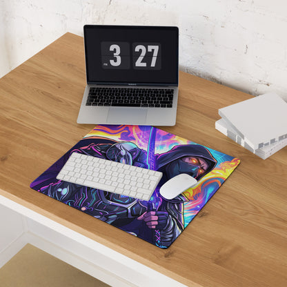 Vibrant colorful gaming mousepad with a neon ninja illustration in purple pink and blue vaporwave style