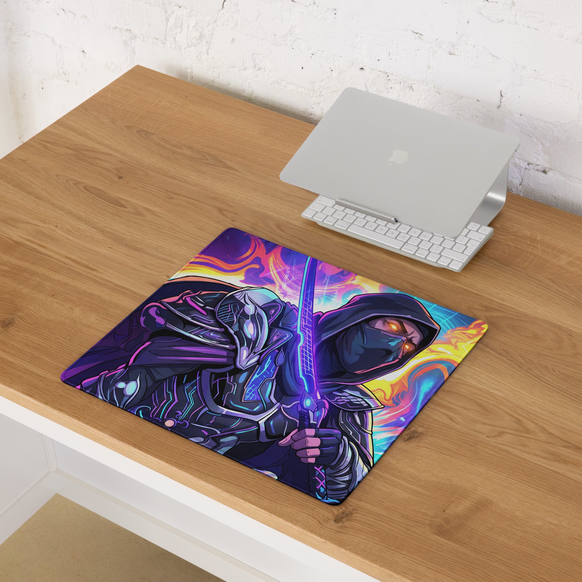 Vibrant rectangular gaming mousepad featuring a neon purple anime ninja with glowing sword on fiery neon background