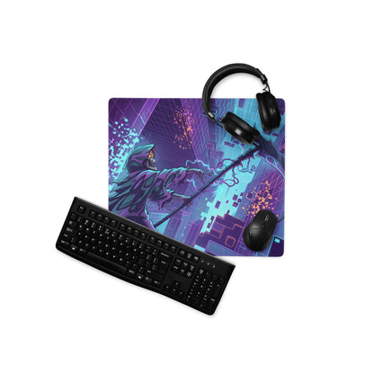 Neon vaporwave dragon mouse pad in purple and blue with cyberpunk hooded figure and digital cityscape design