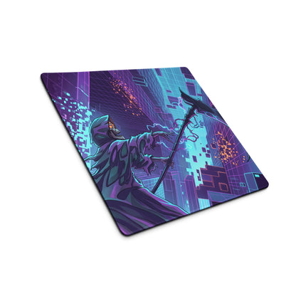 Neon vaporwave dragon mouse pad with navy blue and teal digital art of hooded figure with glowing eyes and scythe