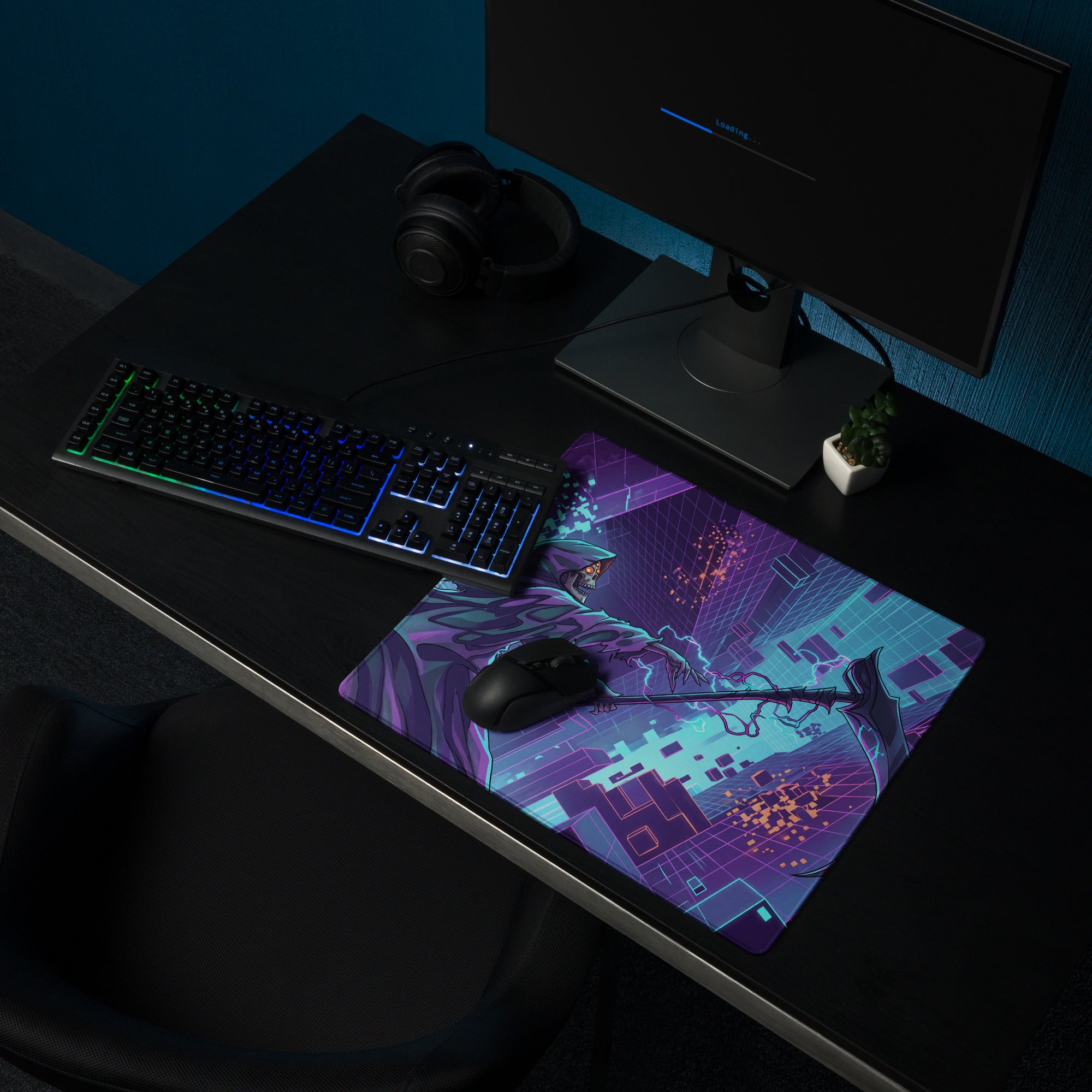 Neon vaporwave dragon mouse pad with purple and teal cyberpunk design featuring a character wielding a weapon digital art