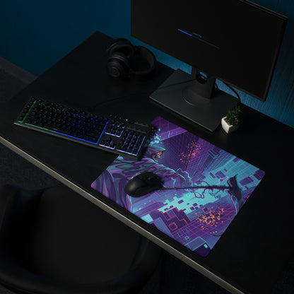 Neon vaporwave dragon mouse pad with purple and teal cyberpunk design featuring a character wielding a weapon digital art