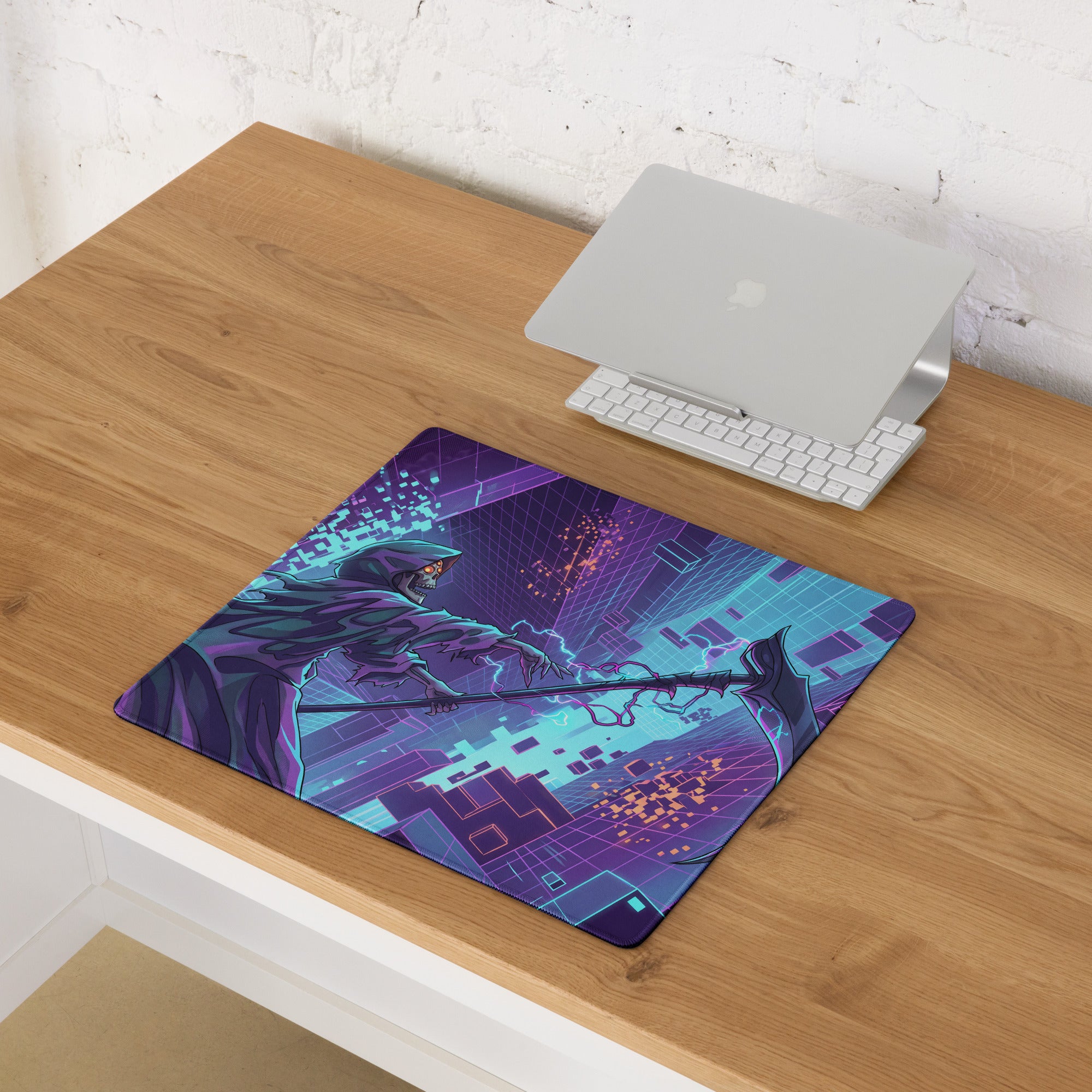 Neon vaporwave dragon mouse pad featuring purple and blue digital art of a hooded figure with glowing eyes on a pixelated cityscape