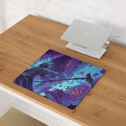 Neon vaporwave dragon mouse pad featuring purple and blue digital art of a hooded figure with glowing eyes on a pixelated cityscape
