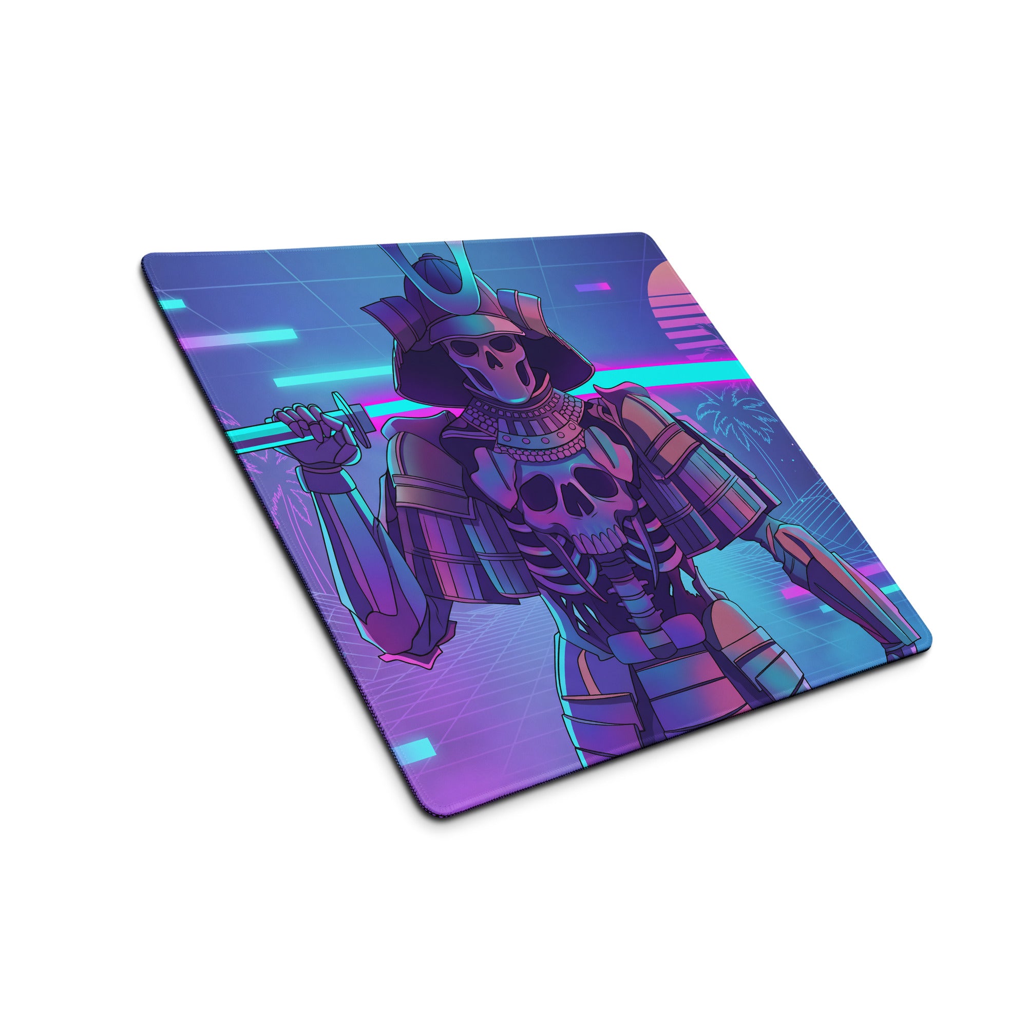 Navy blue and purple neon gaming mousepad featuring a detailed skeletal samurai holding a sword with a retro-futuristic cityscape background