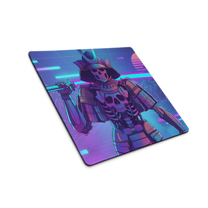 Navy blue and purple neon gaming mousepad featuring a detailed skeletal samurai holding a sword with a retro-futuristic cityscape background