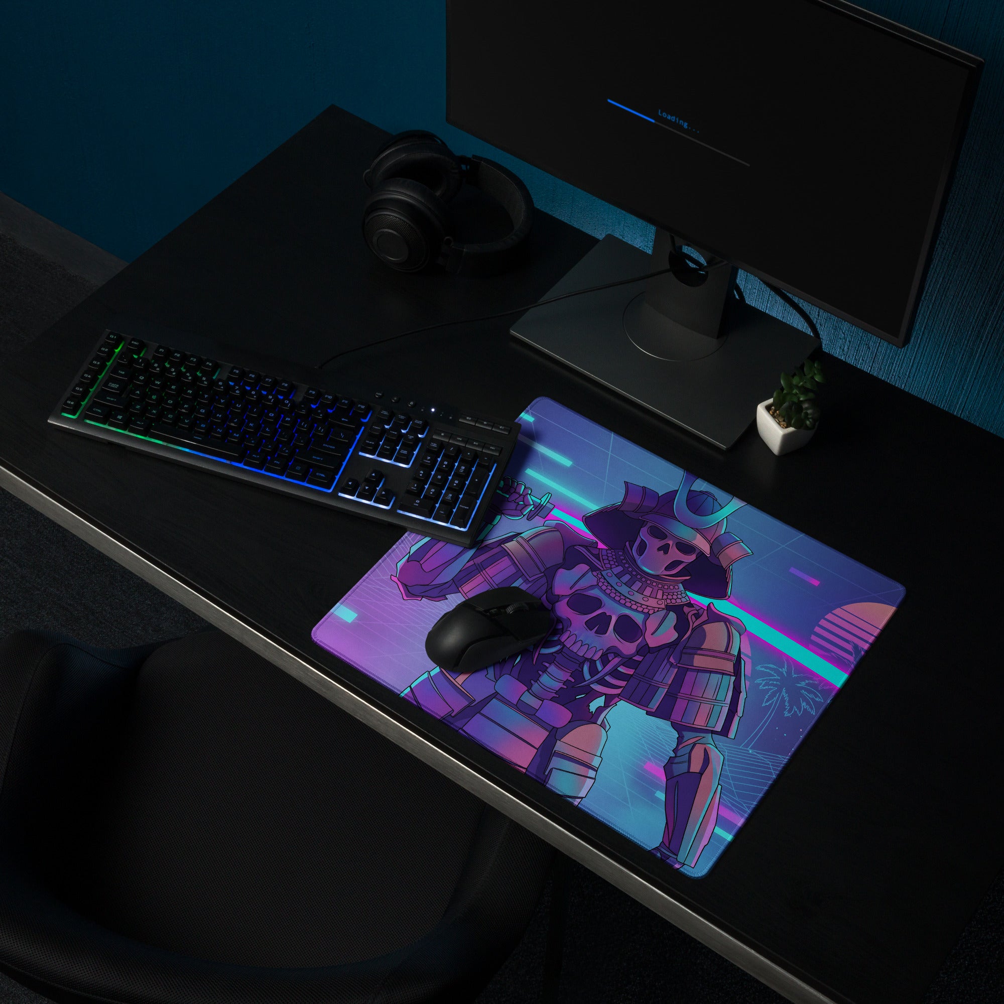 Neon skeleton samurai mouse pad with vibrant purple and blue hues featuring a detailed samurai skeleton design