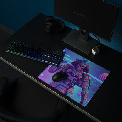 Neon skeleton samurai mouse pad with vibrant purple and blue hues featuring a detailed samurai skeleton design