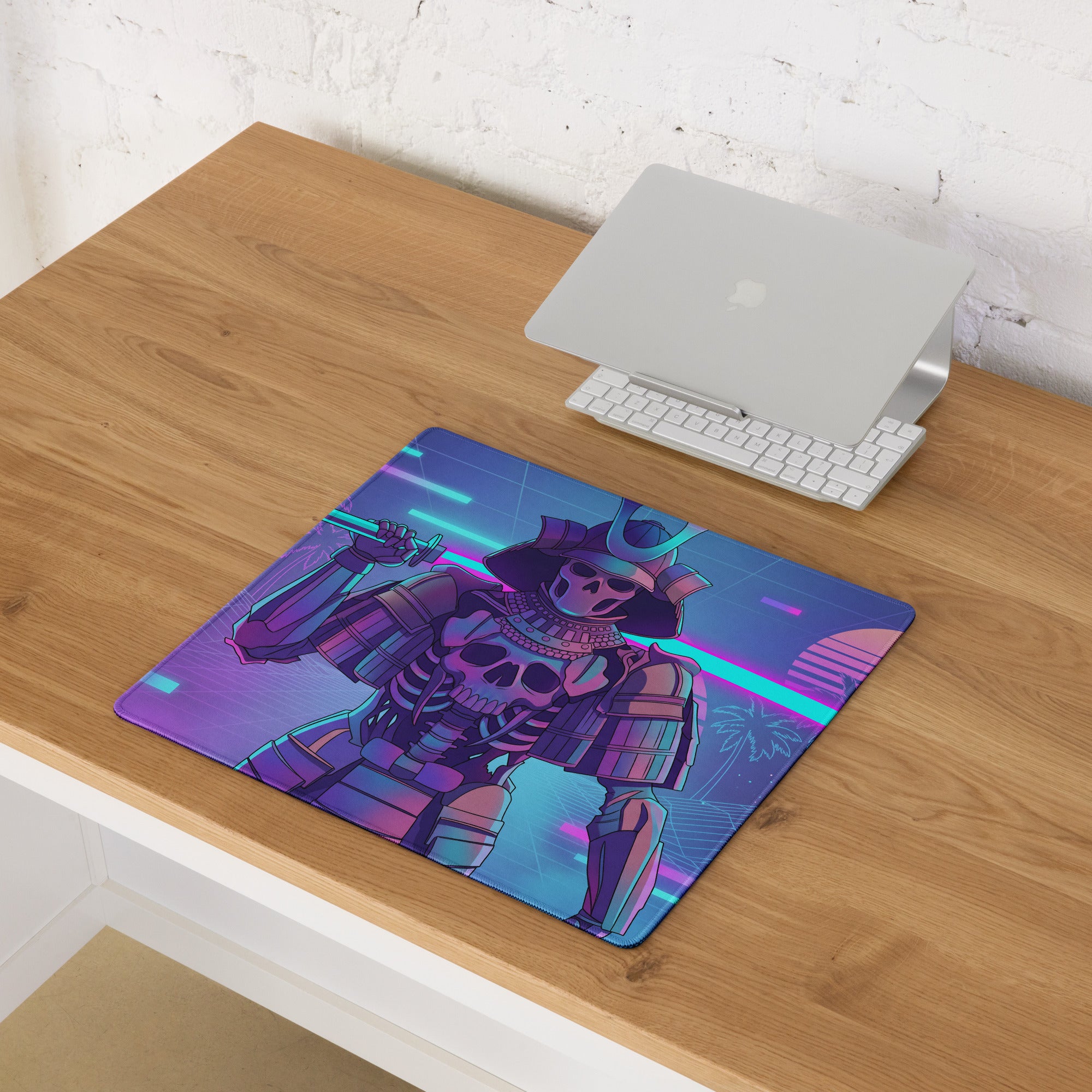 Neon skeleton samurai mouse pad with vibrant purple and teal neon colors featuring a futuristic armored samurai design