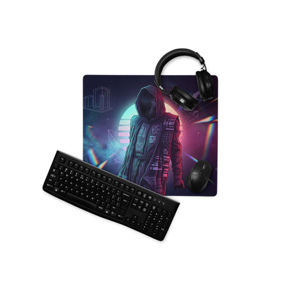 Neon vaporwave mouse pad with a futuristic hooded figure in purple and teal against a glowing geometric cityscape