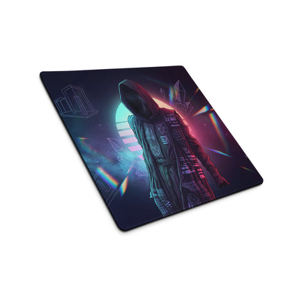 Navy blue rectangular neon vaporwave mouse pad with a futuristic astronaut and neon cosmic geometric shapes design