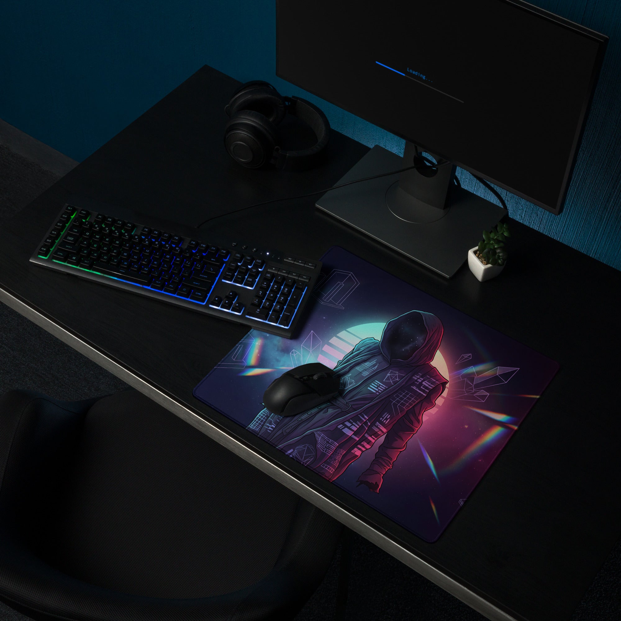 A vibrant rectangular neon vaporwave gaming mouse pad with a detailed astronaut illustration in purple teal hues
