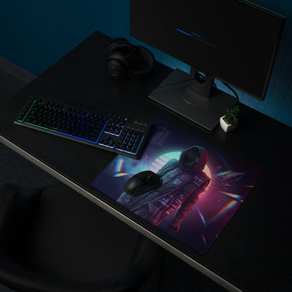 A vibrant rectangular neon vaporwave gaming mouse pad with a detailed astronaut illustration in purple teal hues