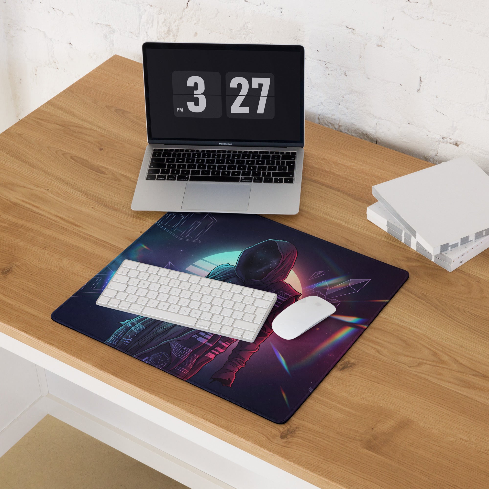 Navy blue gaming mouse pad with vibrant futuristic astronaut design in neon pink and teal vaporwave colors