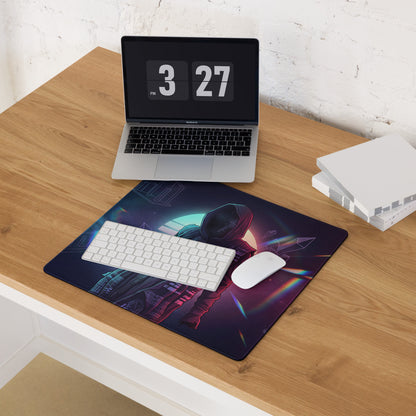 Navy blue gaming mouse pad with vibrant futuristic astronaut design in neon pink and teal vaporwave colors