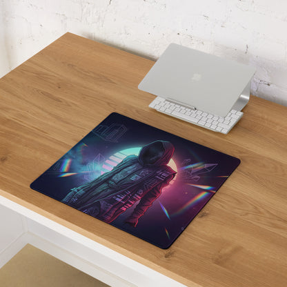 Navy blue rectangular mousepad with vibrant neon pink and teal astronaut on cosmic backdrop for vaporwave gaming decor