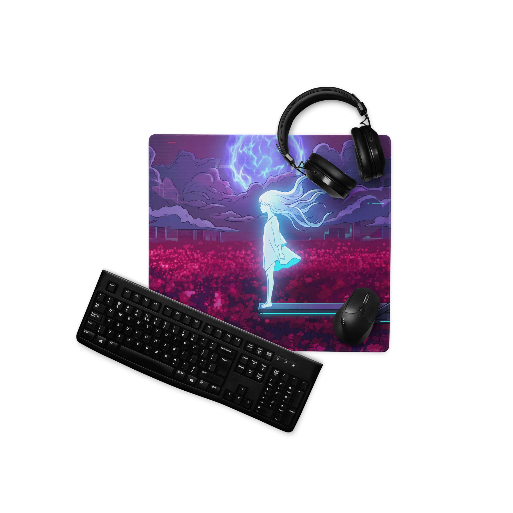 Vaporwave neon goddess gaming mouse pad with vibrant purple and pink colors and glowing blue girl silhouette on stormy sky background