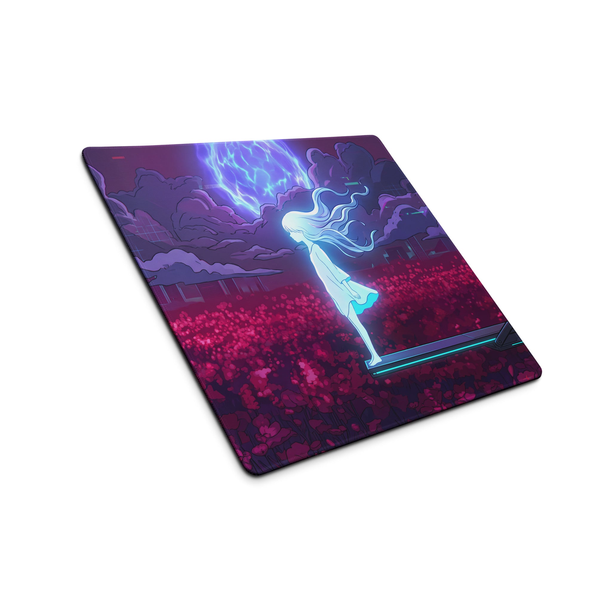 Purple and blue vaporwave neon goddess mouse pad featuring a glowing figure against stormy skies for desk use