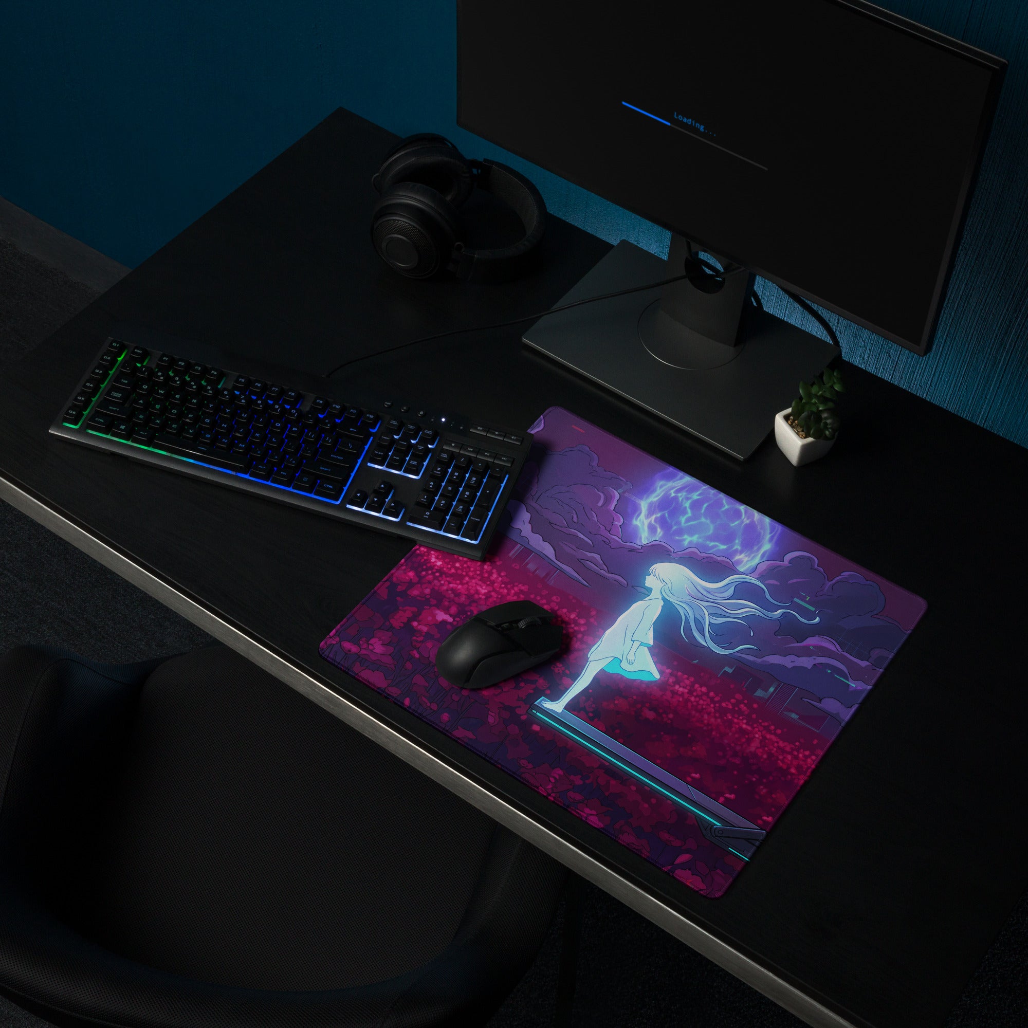 Vaporwave neon goddess mouse pad with vibrant pink and purple anime design featuring a glowing figure against stormy skies