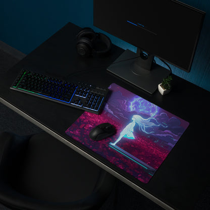 Vaporwave neon goddess mouse pad with vibrant pink and purple anime design featuring a glowing figure against stormy skies