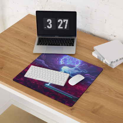Vibrant purple and blue vaporwave neon goddess mouse pad with glowing sword, ethereal figure, and stormy sky design