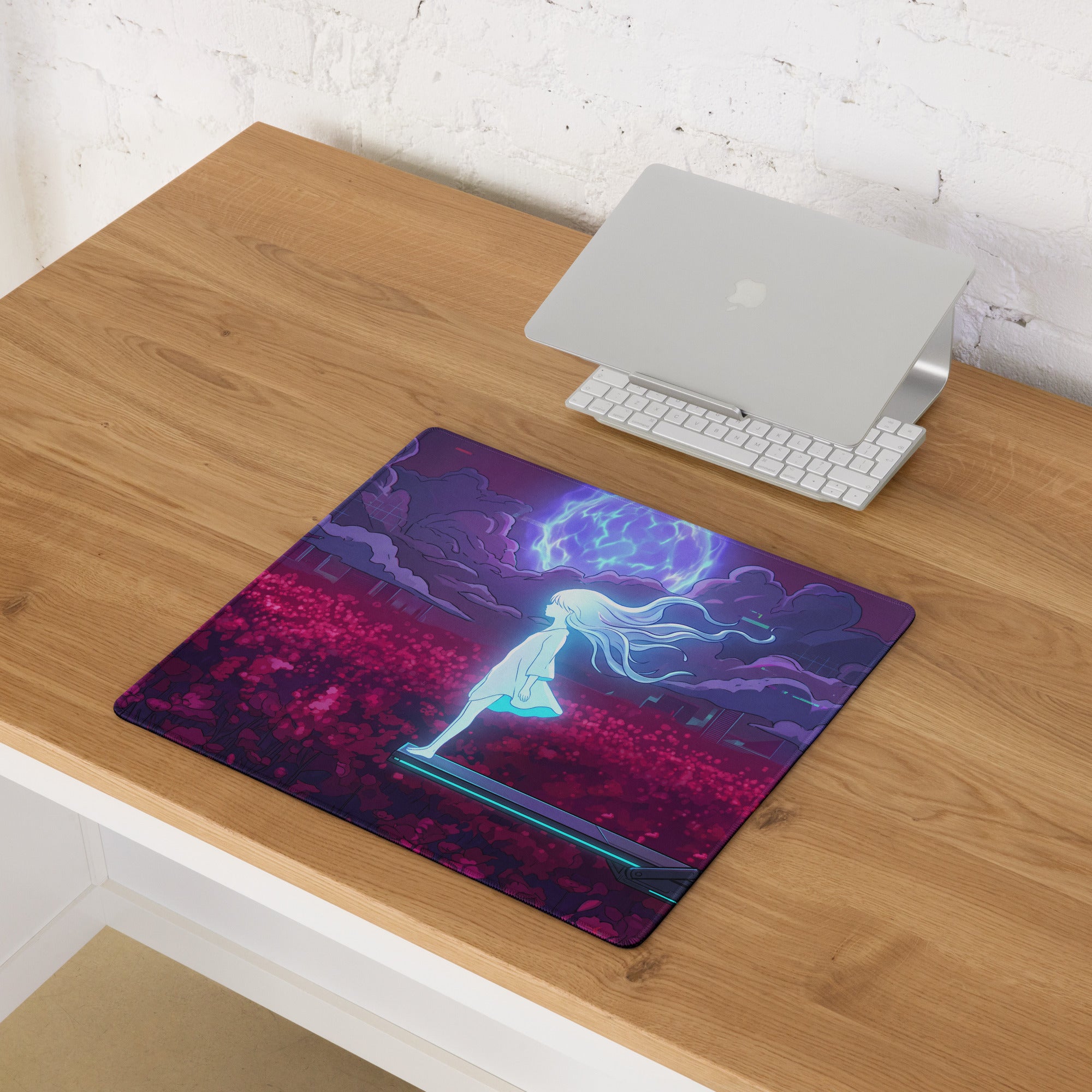 Vaporwave neon goddess mouse pad with vibrant purple and pink anime design featuring glowing figure on cosmic backdrop
