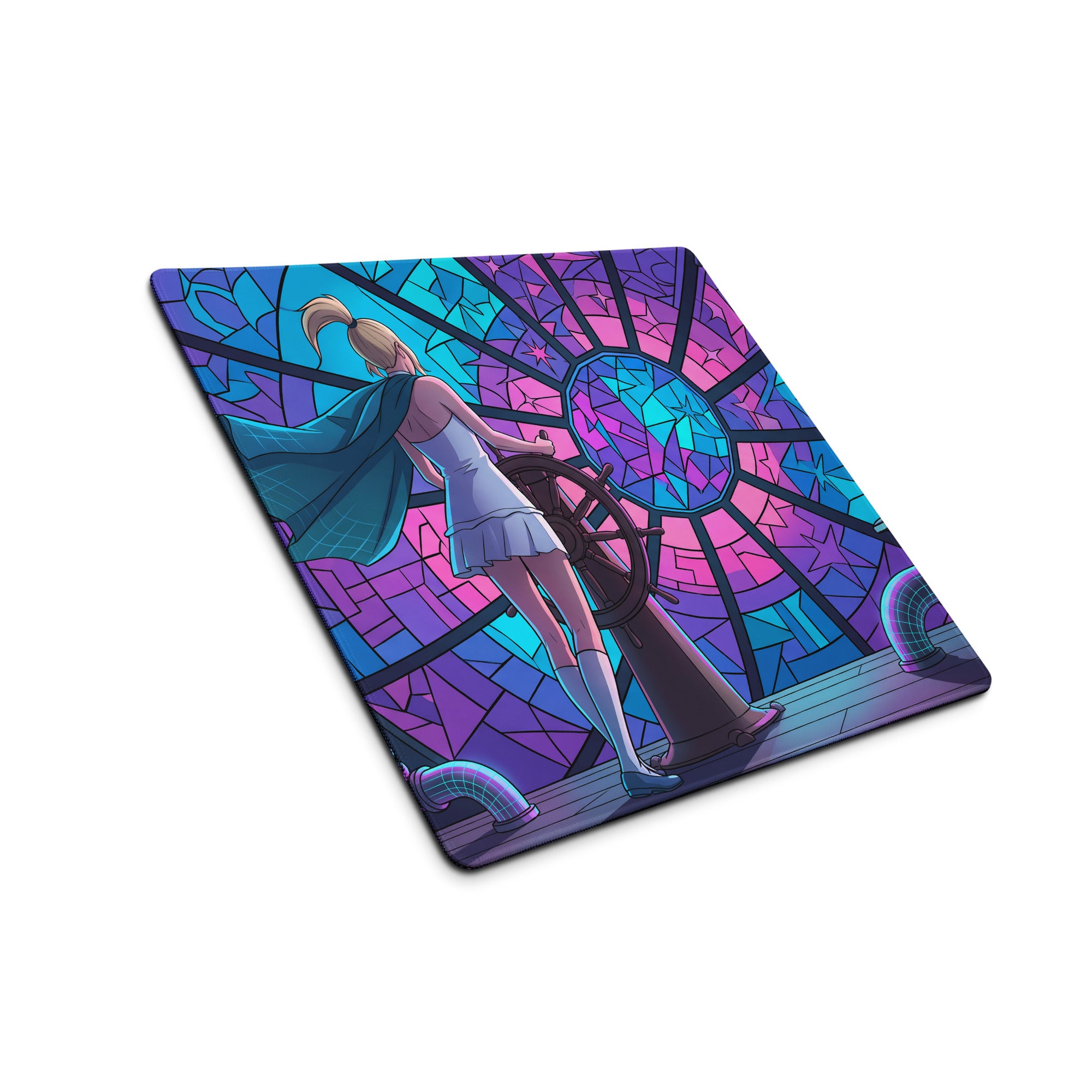 Vibrant stained-glass-inspired rectangular vaporwave neon desk pad featuring anime-style blonde woman at ship wheel