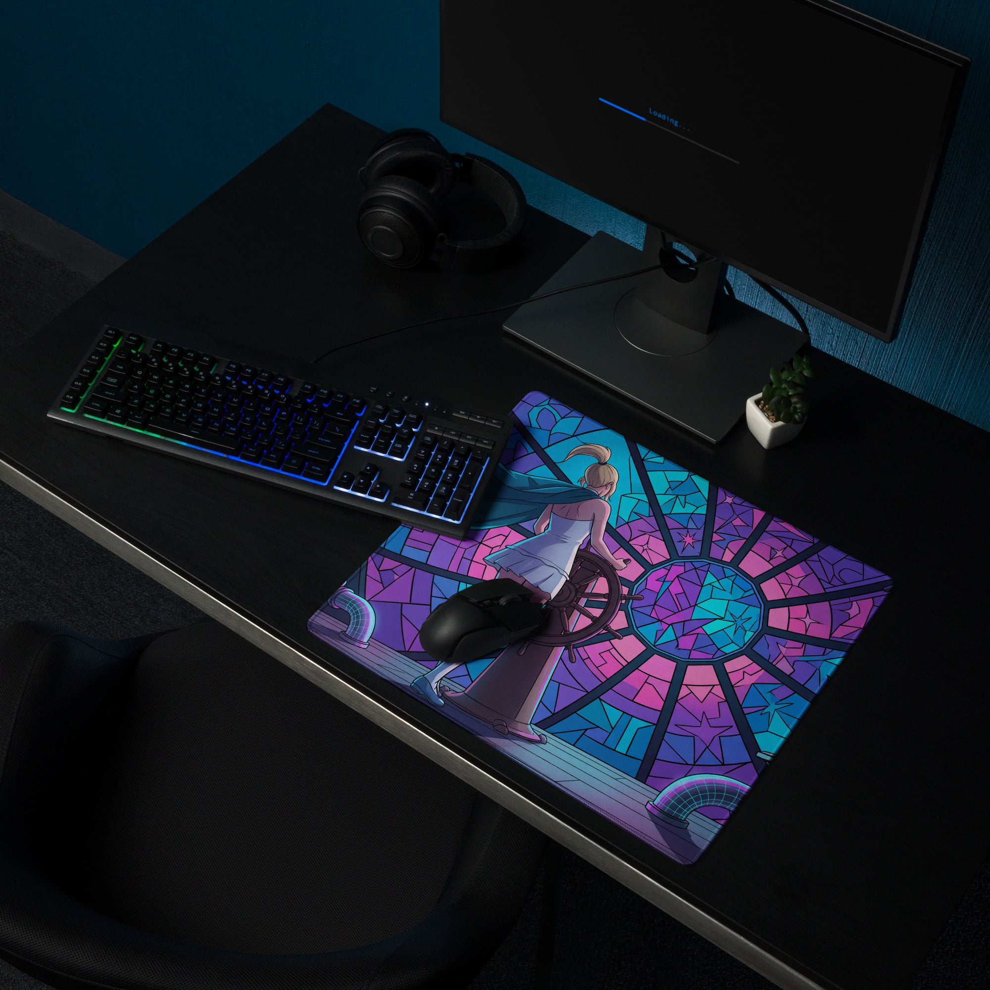Vibrant stained-glass-style anime-themed vaporwave neon desk pad with blonde character and colorful circular design