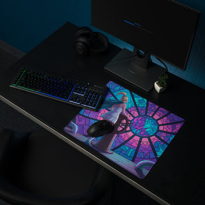 Vibrant stained-glass-style anime-themed vaporwave neon desk pad with blonde character and colorful circular design
