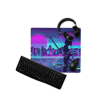 Neon vaporwave city pad gaming mousepad with vibrant purple blue cityscape and anime sword character silhouette