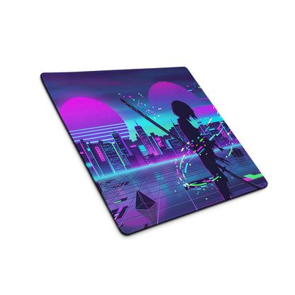 Neon vaporwave city pad mousepad with nineties-inspired neon cityscape and glowing warrior silhouette in purple pink and teal